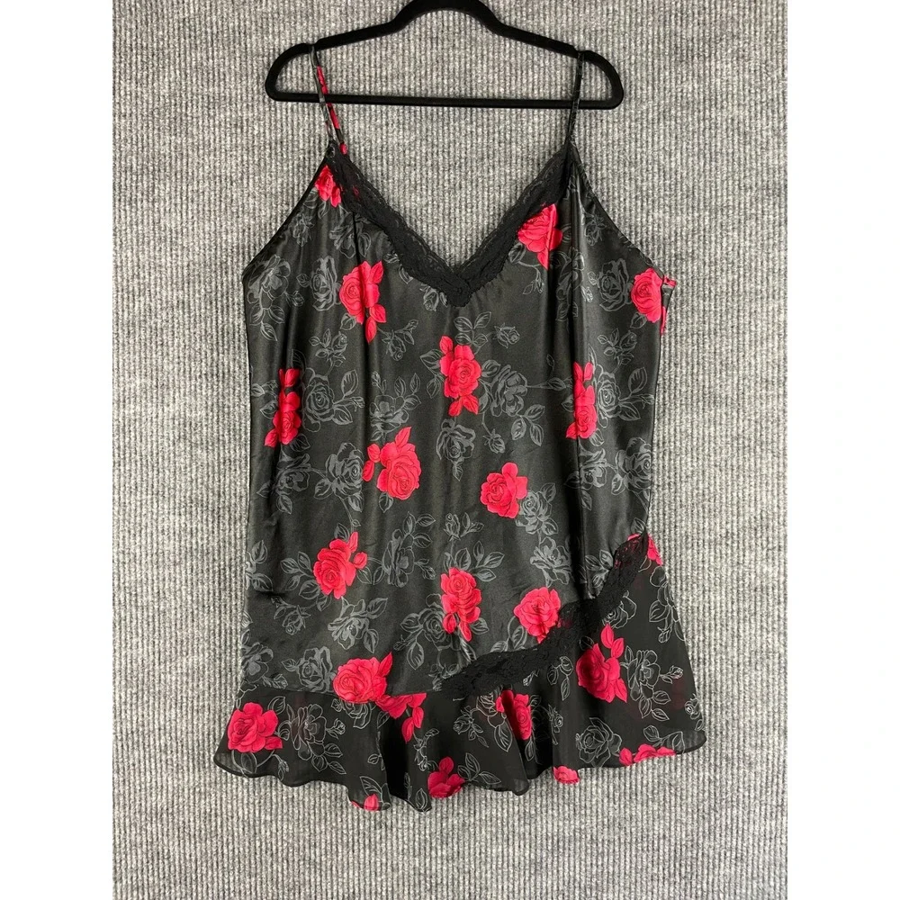 Y2K Whimsigoth Black Red Rose Satin Lace Slip Nightgown Plus 3X Secret Treasures
